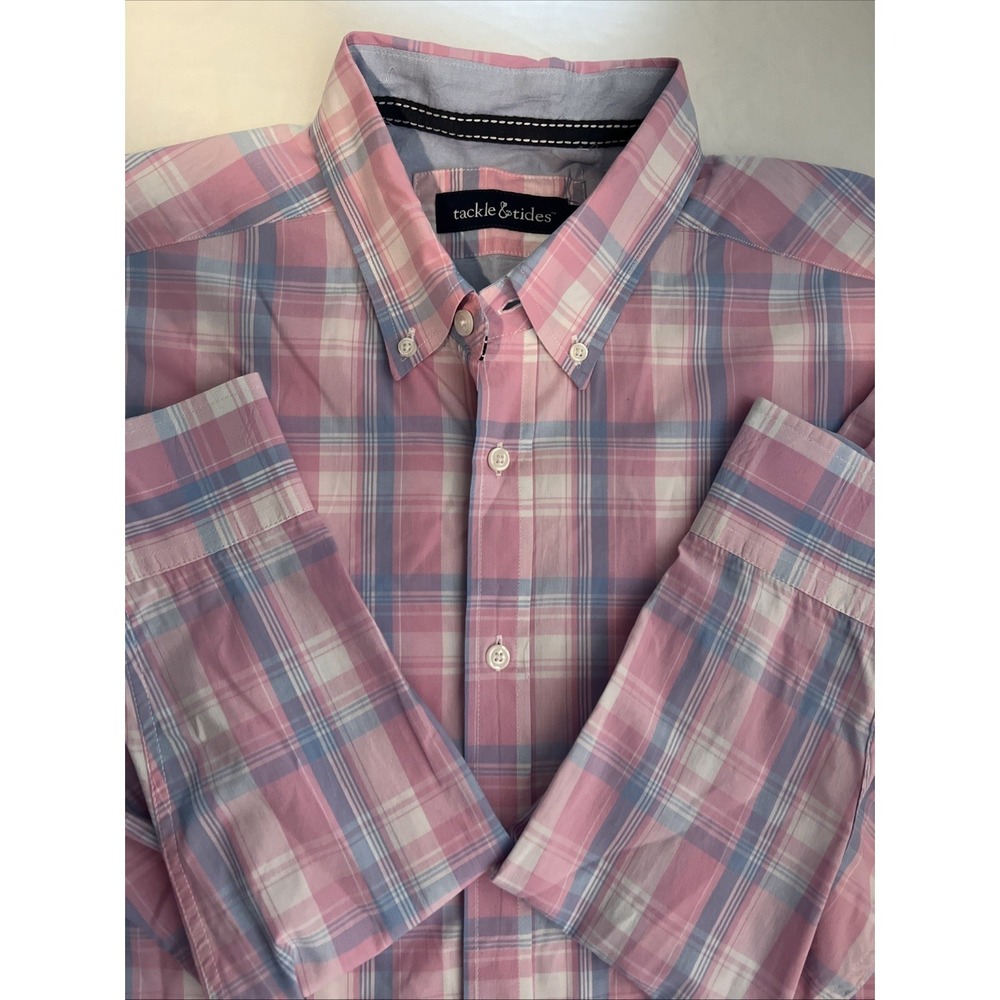 Tackle & Tides Mens Plaid Button Down Shirt Long Sleeve Pink Blue Size‎ L